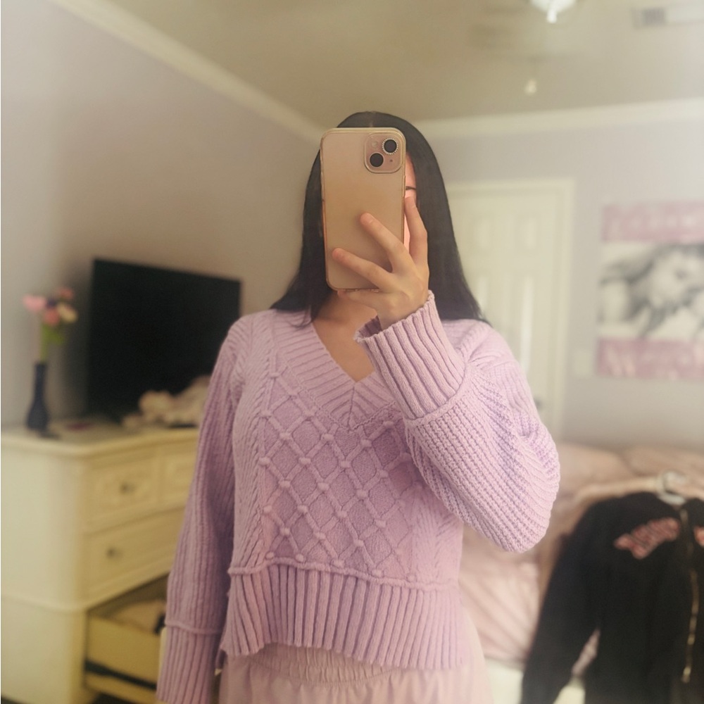 Anthropologie Purple V-Neck Sweater with Textured Knit